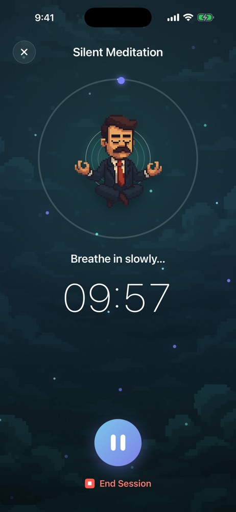 Active meditation session with a breathing ring, timer, and pause control