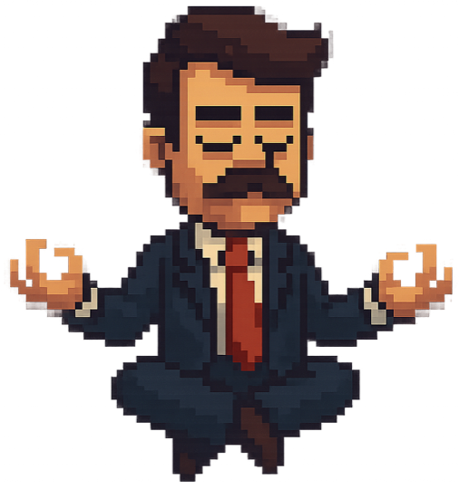 Pixel-art gentleman meditating cross-legged, floating calmly